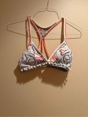 Maaji Reversible Crochet-Trim Floral Bikini Top - Coral, White & Pastel